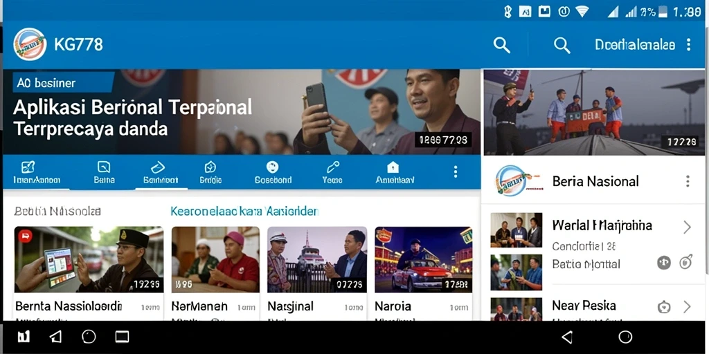 Antarmuka aplikasi KG778 menampilkan berita nasional terkini dengan desain menarik.