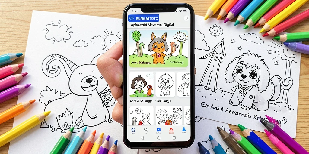 Antarmuka SUNGAITOTO yang ramah anak dengan fitur mewarnai yang menarik.